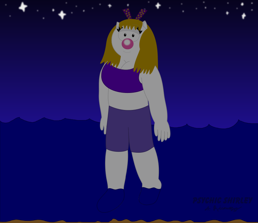 Psychic Shirley walking on water in the night time.